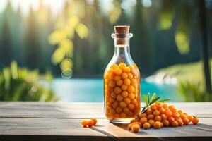 sumac berries in a bottle on a wooden table with a lake in the background. AI-Generated photo