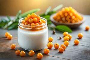 sea buckthorn berries in a jar with yogurt on a wooden table. AI-Generated photo
