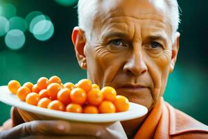 an older man holding a bowl of oranges. AI-Generated photo