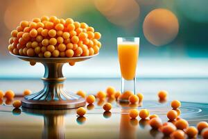 orange balls on a glass and a glass of orange juice. AI-Generated photo