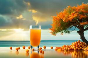 orange juice and orange fruit on the table next to the ocean. AI-Generated photo