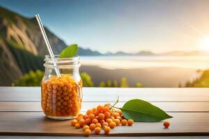 sea buckthorn berries in a glass jar on a wooden table with mountain view. AI-Generated photo