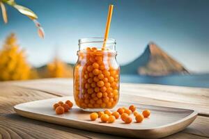 orange juice in a jar with a straw on a wooden table. AI-Generated photo