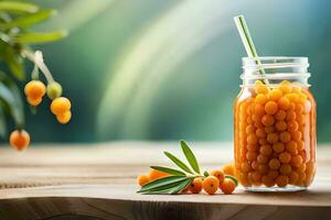 sea buckthorn berries in a jar with a straw on a wooden table. AI-Generated photo