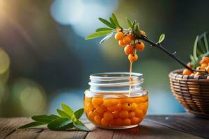 sea buckthorn berries in a jar on a wooden table. AI-Generated photo
