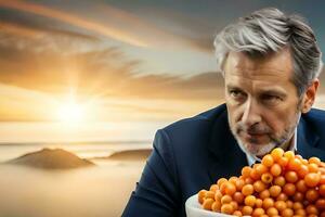 a man in a suit is holding a bowl of tomatoes. AI-Generated photo