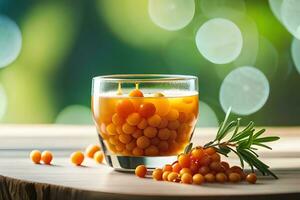 sea buckthorn juice in a glass on a table. AI-Generated photo