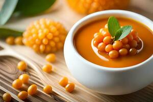 a bowl of orange soup with a leaf on top. AI-Generated photo