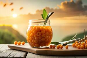 sea buckthorn berries in a jar on a wooden table with a sunset background. AI-Generated photo