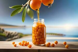 orange juice is being poured into a jar of sea buckthorn fruit on a wooden table. AI-Generated photo