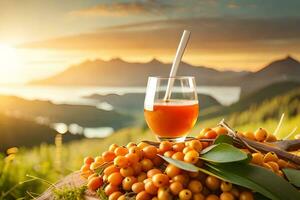 sea buckthorn juice with sea buckthorn berries on a wooden table with mountain view. AI-Generated photo