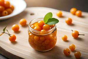 a jar of fresh orange currants with a leaf on top. AI-Generated photo