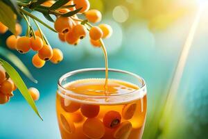 sea buckthorn juice with orange juice on the tree. AI-Generated photo