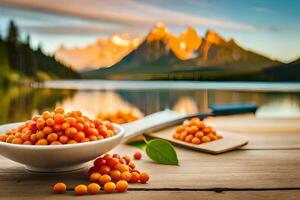 orange berries in a bowl on a wooden table with mountains in the background. AI-Generated photo
