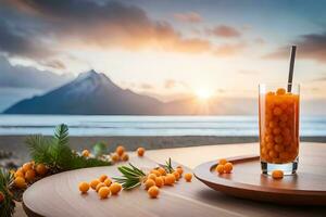 orange juice with sea and mountains in the background. AI-Generated photo