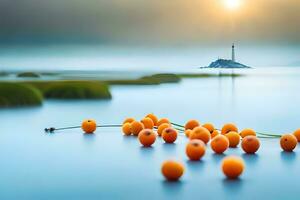 orange fruits on the water with a lighthouse in the background. AI-Generated photo