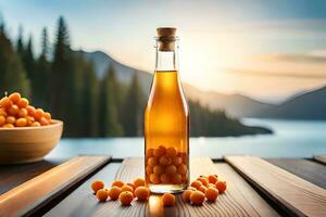 a bottle of orange juice sits on a table with oranges. AI-Generated photo