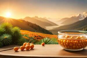 sea buckthorn berries in a bowl on a table with mountains in the background. AI-Generated photo