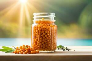 sea buckthorn berries in a jar on a table with sunlight. AI-Generated photo