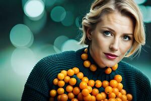 a woman with orange fruit on her neck. AI-Generated photo