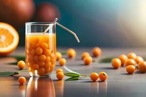 a glass of orange juice with a straw and some oranges. AI-Generated photo