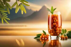 sea buckthorn juice in a glass with sea and mountains in the background. AI-Generated photo