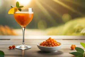 sea buckthorn juice with orange and sea buckthorn berries on wooden table. AI-Generated photo