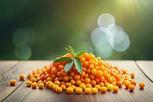 orange sea buckthorn berries on wooden table with bokeh background. AI-Generated photo