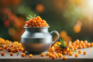 sea buckthorn berries in a silver cup on a wooden table with blurred background. AI-Generated photo