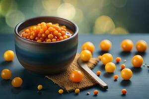 caviar in a bowl with orange balls on a table. AI-Generated photo