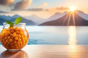 orange balls in a jar on a table with mountains in the background. AI-Generated photo