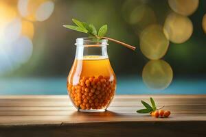 sea buckthorn juice in a glass with a straw on a wooden table with blurred background. AI-Generated photo