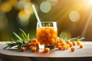 sea buckthorn juice with sea buckthorn berries on wooden table with sunlight background. AI-Generated photo
