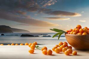 sea buckthorn berries in a bowl on a wooden table with sea in the background. AI-Generated photo