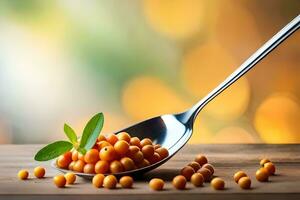 orange mustard seeds on spoon on wooden table with blurred background. AI-Generated photo