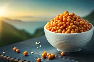 orange beans in a bowl on a table with a sunset in the background. AI-Generated photo