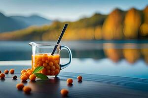 orange juice in a pitcher on a table next to a lake. AI-Generated photo