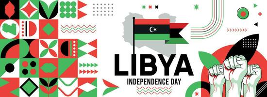 Libya national or independence day banner for country celebration. Flag and map of Libya with raised fists. Modern retro design with typography abstract geometric icons . Vector illustration.