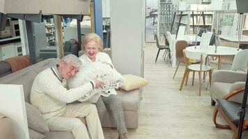 Happy senior couple shopping for furniture and cushions at department store video