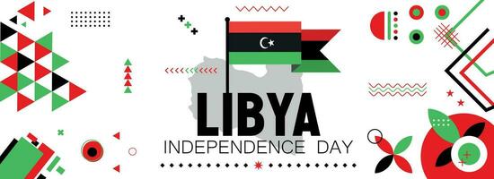 Libya national or independence day banner design for country celebration. Flag and map of Libya with modern retro design and abstract geometric icons. Vector illustration.