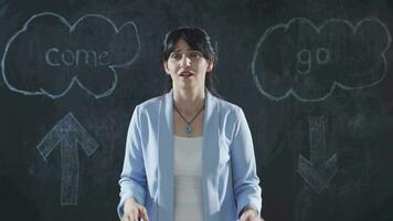 The woman who writes Income and Expenses on the blackboard is thoughtful and stressed. video