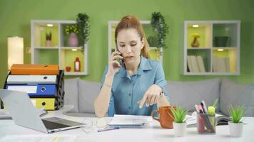 Business woman having a job interview on the phone. video