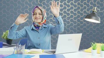 Cheerful business woman dancing looking at camera. video