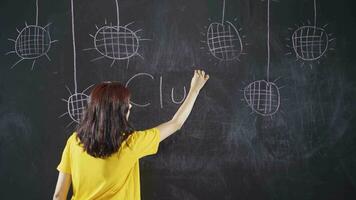 Young woman writing Club on the blackboard. video