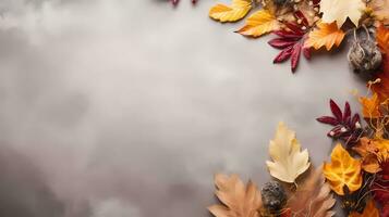 AI Generated Autumn season abstract background. Fall dried leaves and flowers on stone background. Thanksgiving Day, seasonal concept. Copy space. photo