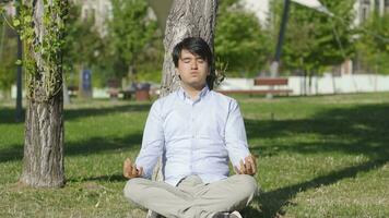 Young man doing yoga outdoors. video