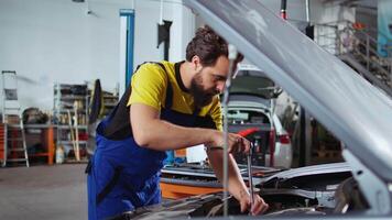 Mechanic in car service picks torque wrench from work station bench, using it to tighten bolts after replacing engine. Auto repair shop employee uses professional tools to fix client automobile video