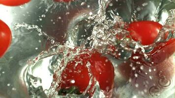 tomaten vallen in een emmer van water. gefilmd Aan een hoge snelheid camera Bij 1000 fps. hoog kwaliteit full HD beeldmateriaal video