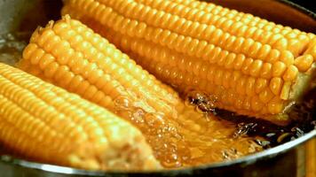 el maíz es cocido en un pan con aire burbujas filmado en un alta velocidad cámara a 1000 fps. alto calidad full HD imágenes video