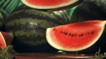 A piece of watermelon falls on the table. Filmed on a highspeed camera at 1000 fps. High quality FullHD footage video